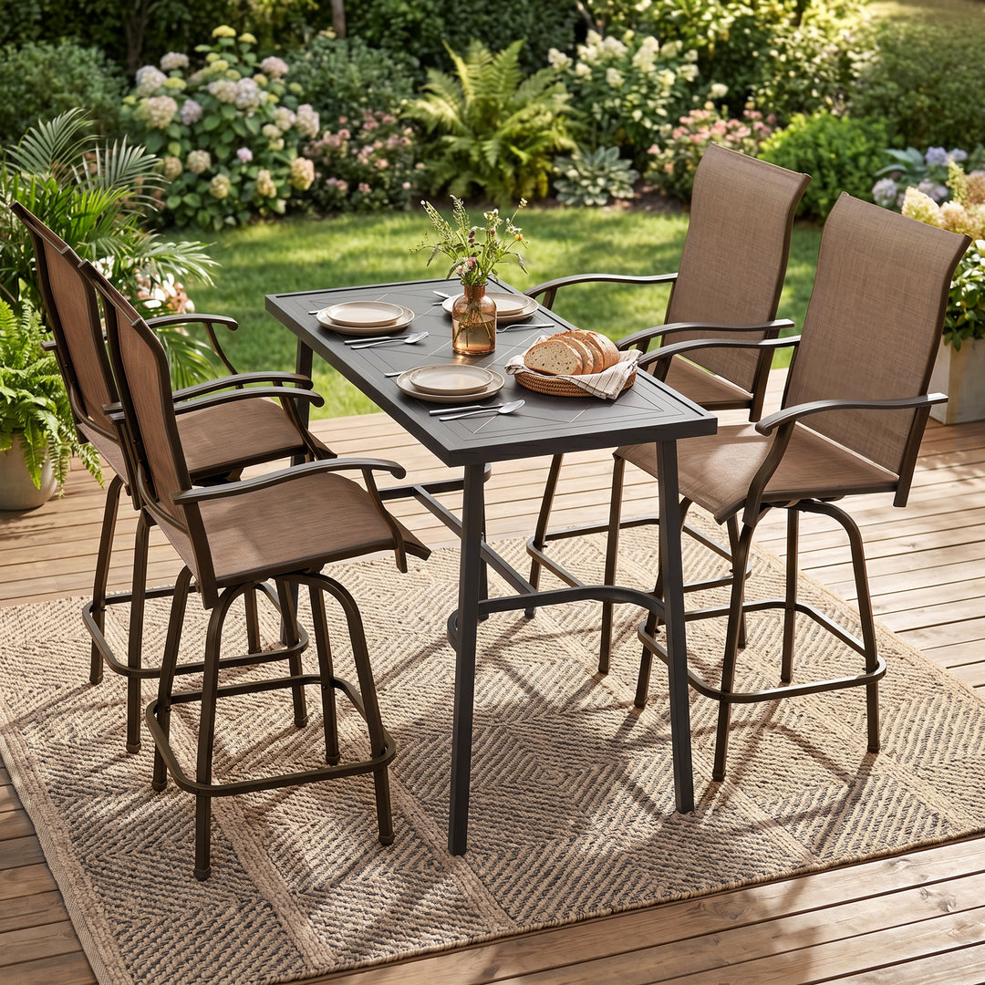 Outdoor 5-Piece Bar Set with Umbrella Hole, Textilene Swivel Bar Stools