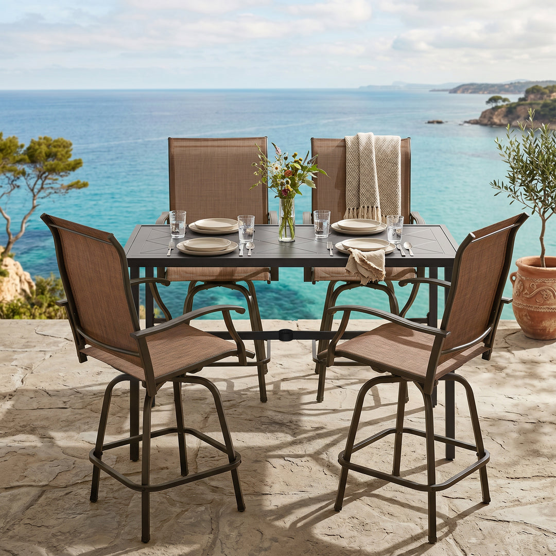 Outdoor 5-Piece Bar Set with Umbrella Hole, Textilene Swivel Bar Stools