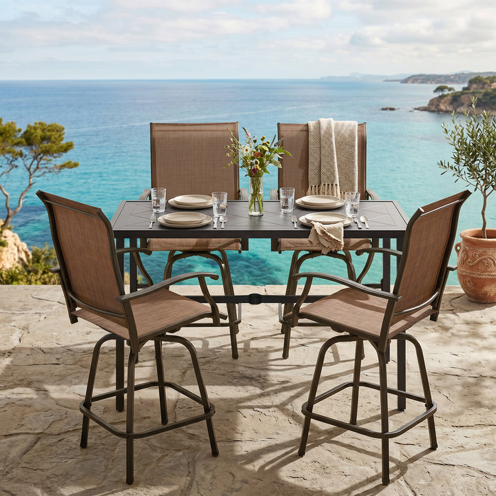 Outdoor 5-Piece Bar Set with Umbrella Hole, Textilene Swivel Bar Stools