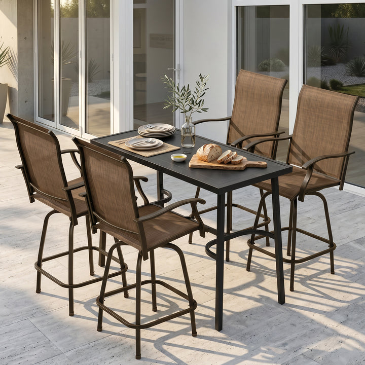 Outdoor 5-Piece Bar Set with Umbrella Hole, Textilene Swivel Bar Stools