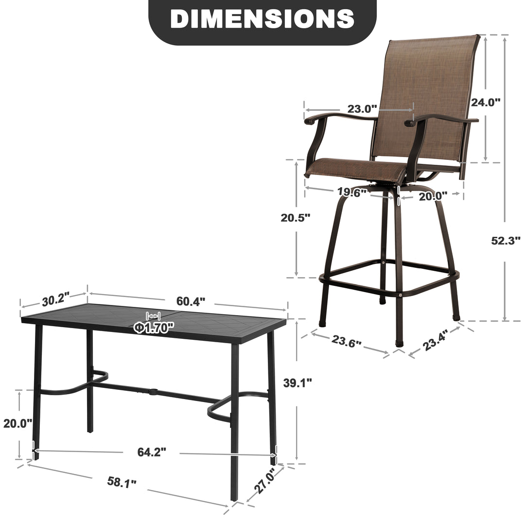 Outdoor 7-Piece Bar Set with Umbrella Hole, Textilene Swivel Bar Stools