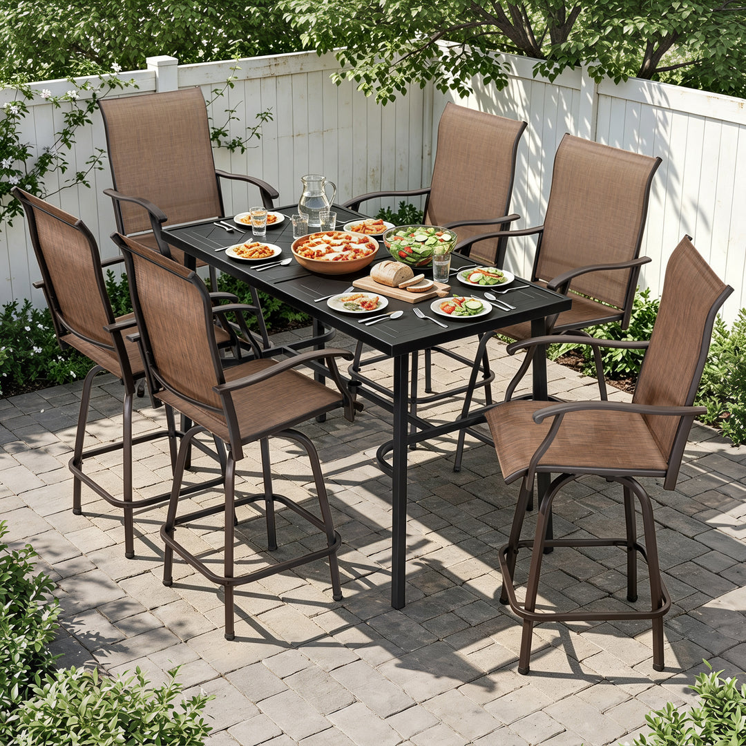 Outdoor 7-Piece Bar Set with Umbrella Hole, Textilene Swivel Bar Stools