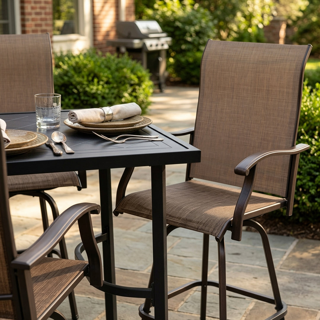 Outdoor 7-Piece Bar Set with Umbrella Hole, Textilene Swivel Bar Stools