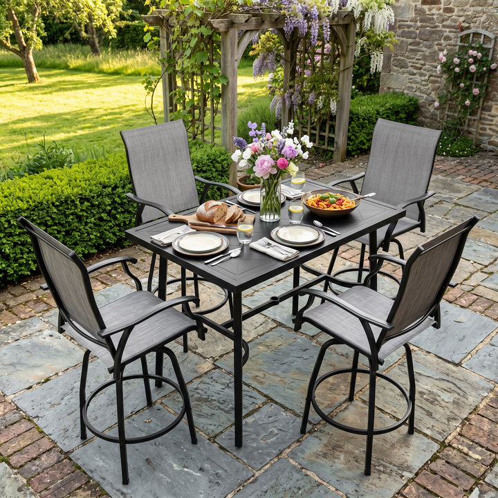 Outdoor 5-Piece Bar Set with Umbrella Hole, Textilene Swivel Bar Stools