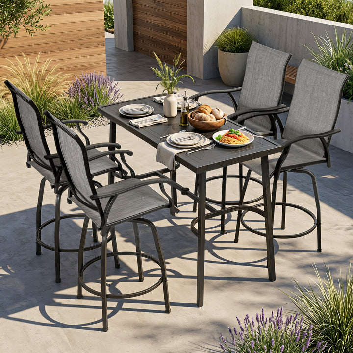 Outdoor 5-Piece Bar Set with Umbrella Hole, Textilene Swivel Bar Stools