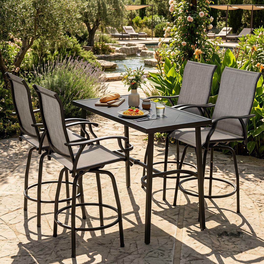Outdoor 5-Piece Bar Set with Umbrella Hole, Textilene Swivel Bar Stools