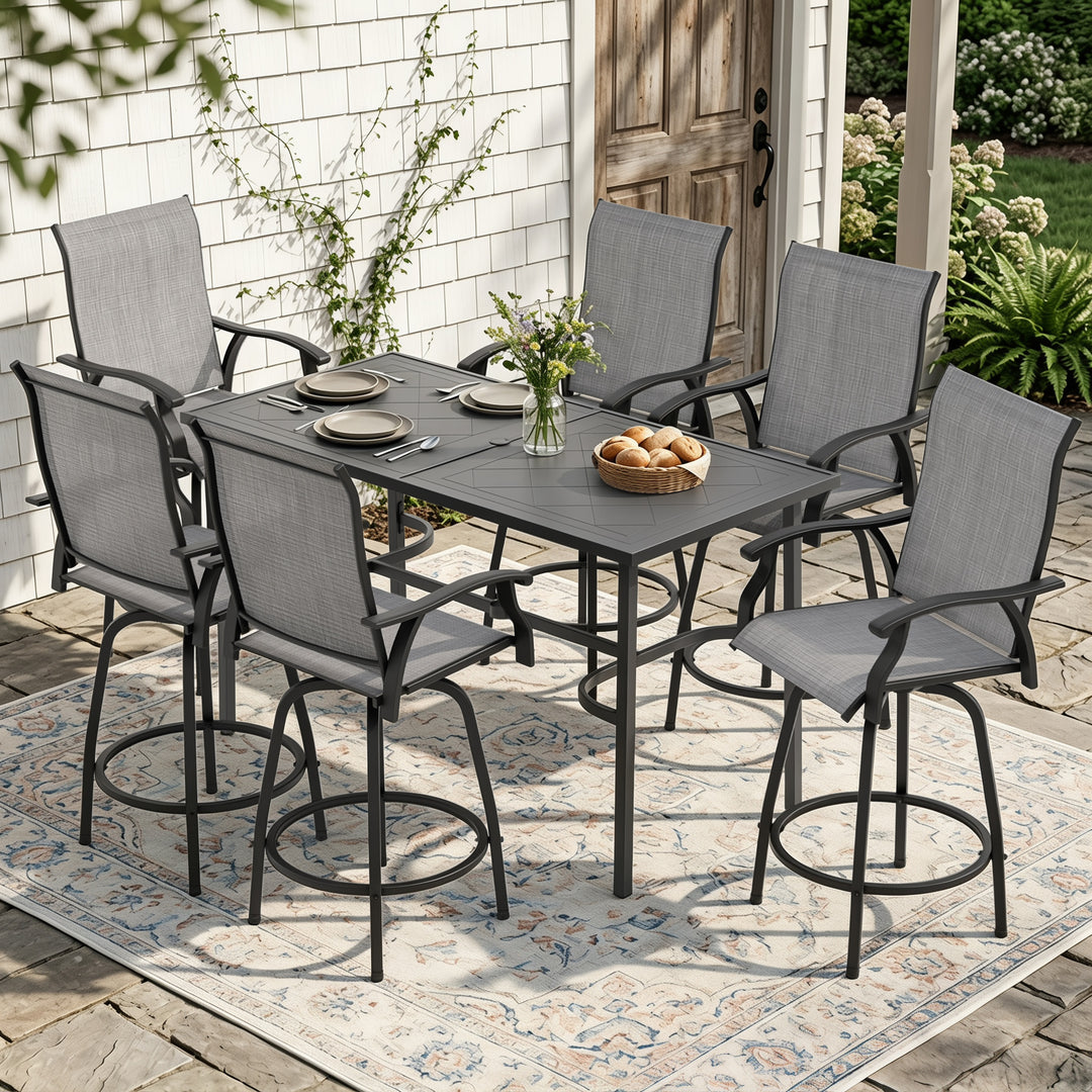 Outdoor 7-Piece Bar Set with Umbrella Hole, Textilene Swivel Bar Stools