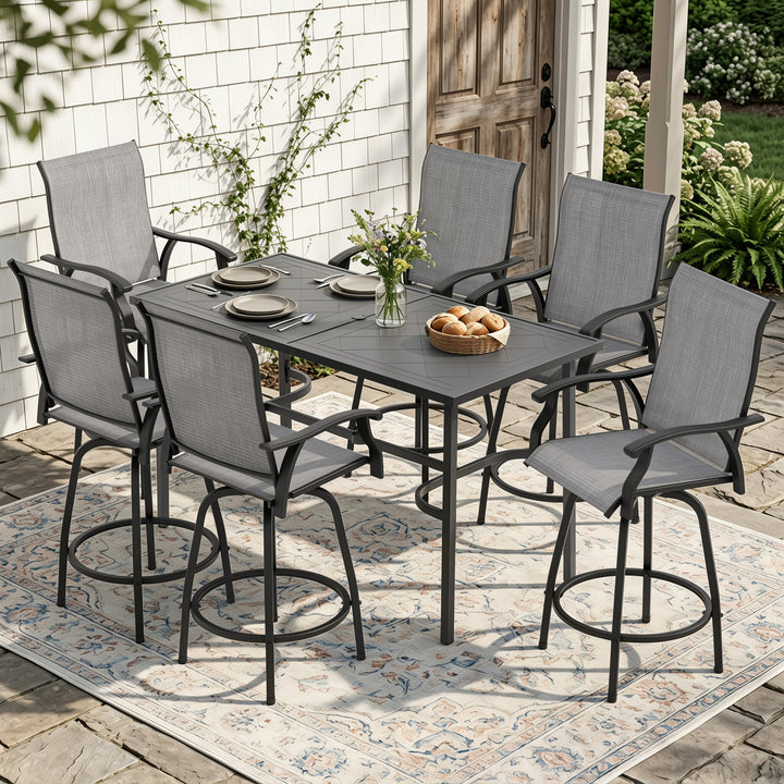 Outdoor 7-Piece Bar Set with Umbrella Hole, Textilene Swivel Bar Stools