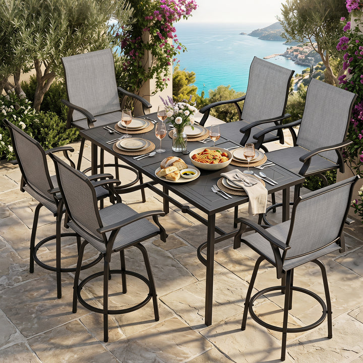 Outdoor 7-Piece Bar Set with Umbrella Hole, Textilene Swivel Bar Stools