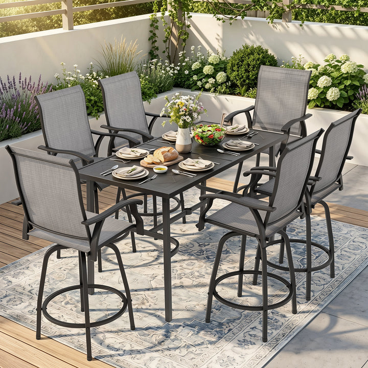Outdoor 7-Piece Bar Set with Umbrella Hole, Textilene Swivel Bar Stools