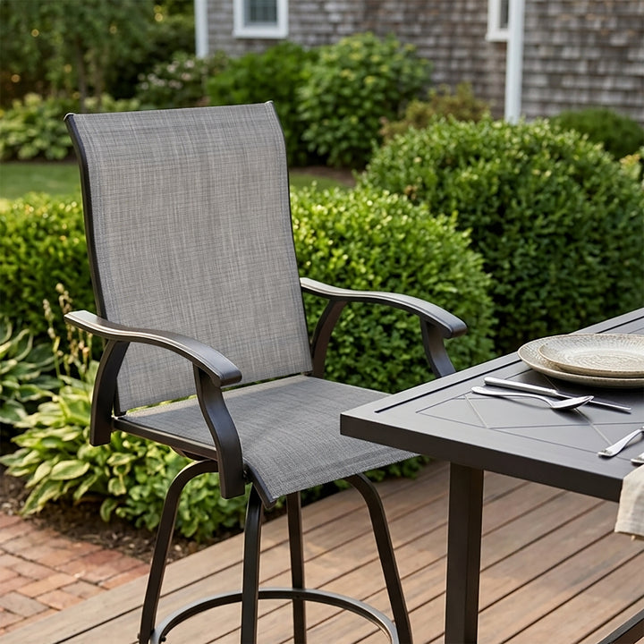 Outdoor 7-Piece Bar Set with Umbrella Hole, Textilene Swivel Bar Stools