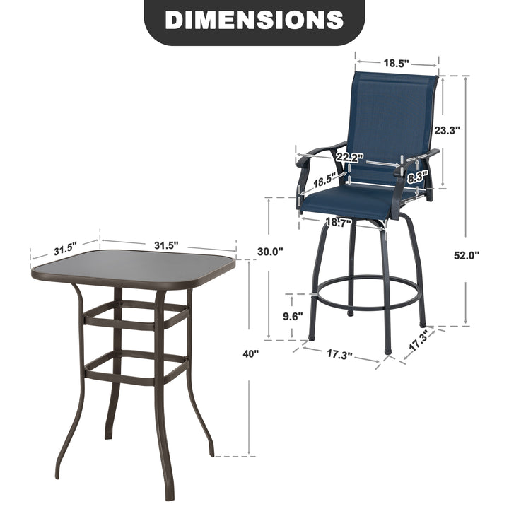 Outdoor 3-Piece Textilene Bar Set, Swivel Bar Stools and Bar Table