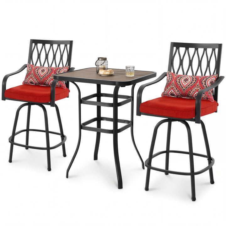 3-Piece Patio Bar Set with Faux Wood Top, Swivel Bar Stools with Cushions