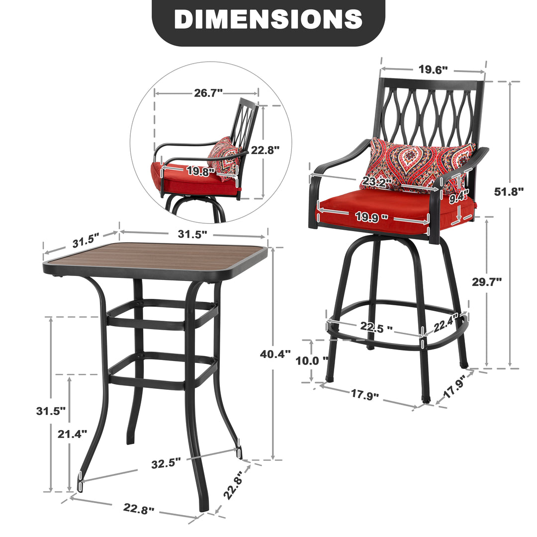 3-Piece Patio Bar Set with Faux Wood Top, Swivel Bar Stools with Cushions
