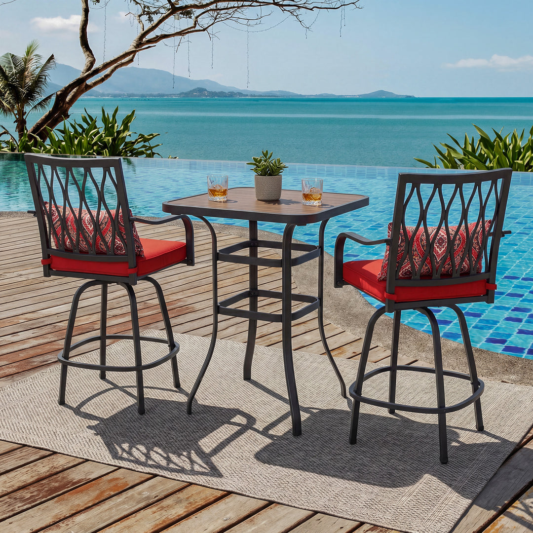 3-Piece Patio Bar Set with Faux Wood Top, Swivel Bar Stools with Cushions