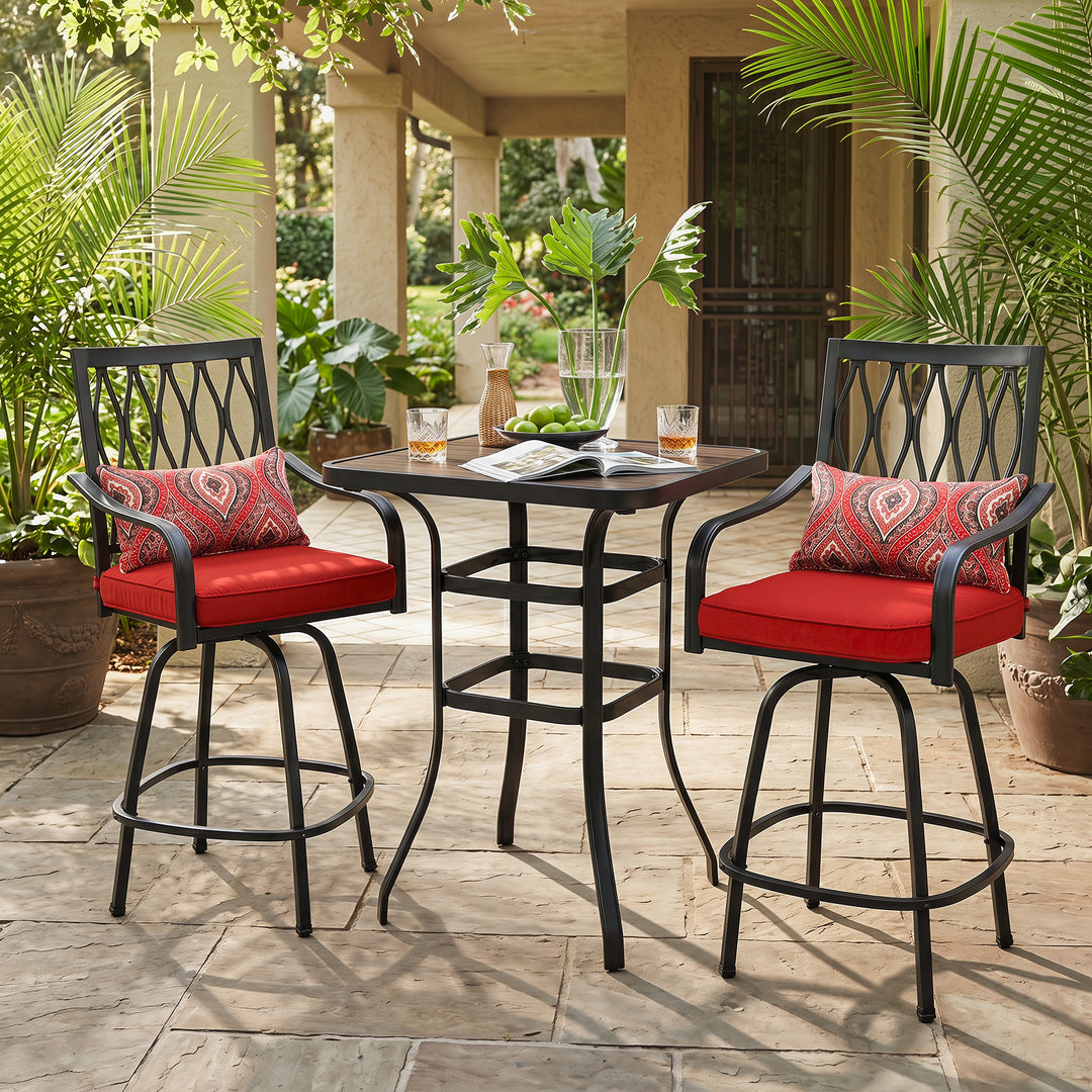 3-Piece Patio Bar Set with Faux Wood Top, Swivel Bar Stools with Cushions