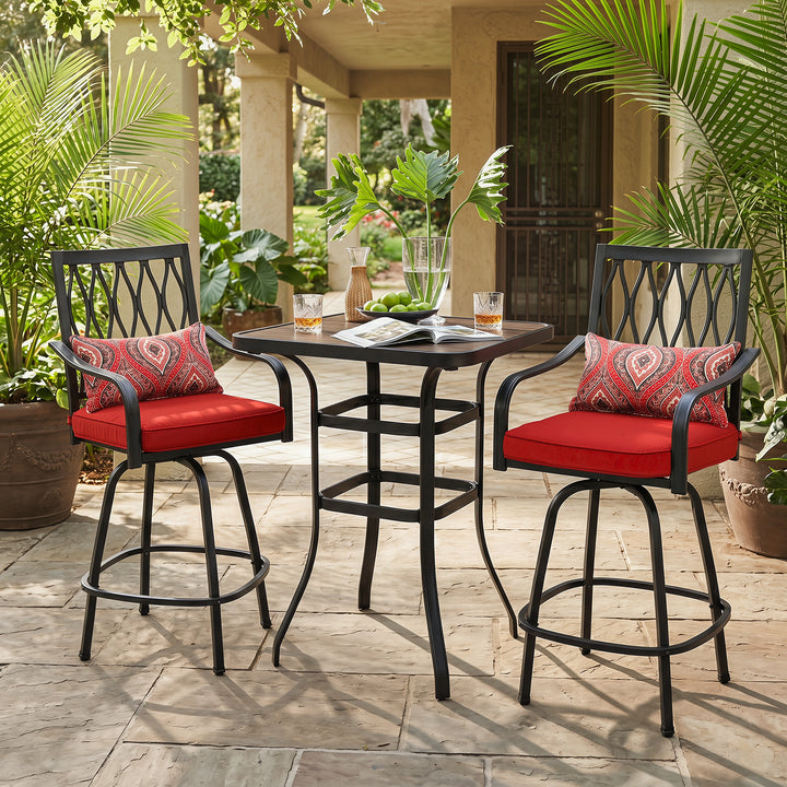 3-Piece Patio Bar Set with Faux Wood Top, Swivel Bar Stools with Cushions