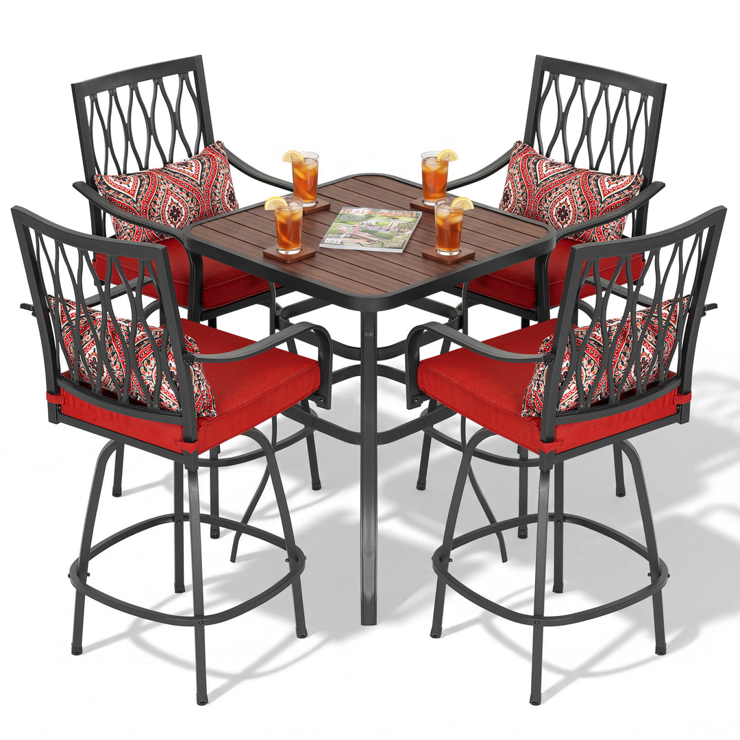 5-Piece Patio Bar Set with Faux Wood Top, Swivel Bar Stools with Cushions