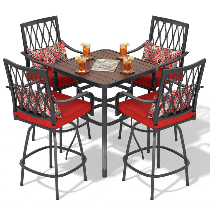 5-Piece Patio Bar Set with Faux Wood Top, Swivel Bar Stools with Cushions