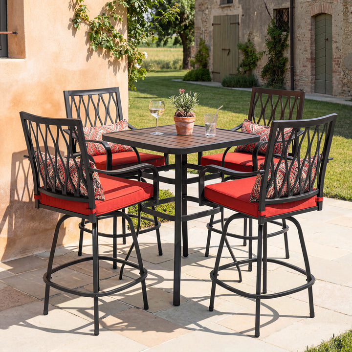 5-Piece Patio Bar Set with Faux Wood Top, Swivel Bar Stools with Cushions