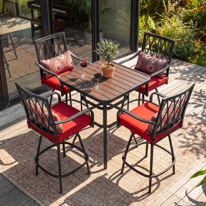 5-Piece Patio Bar Set with Faux Wood Top, Swivel Bar Stools with Cushions