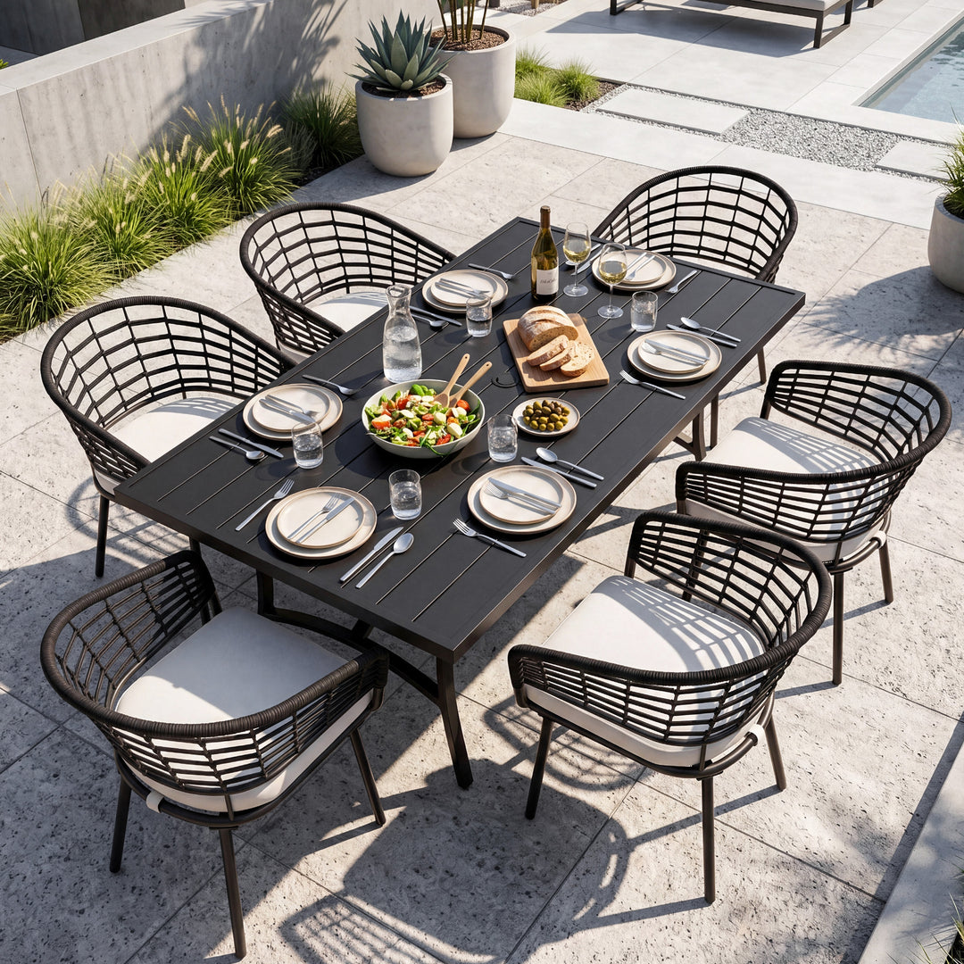 Outdoor 7-Piece Rope Dining Set for Lawn Backyard Garden, Beige