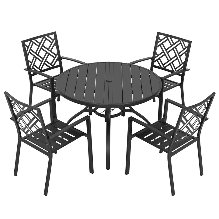 5-Piece Metal Patio Dining Set with Umbrella Hole, Stackable Design