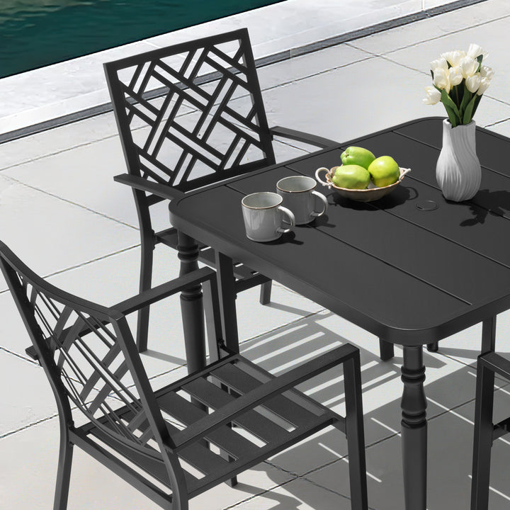 5-Piece Metal Patio Dining Set with Umbrella Hole and 4 Stackable Chairs