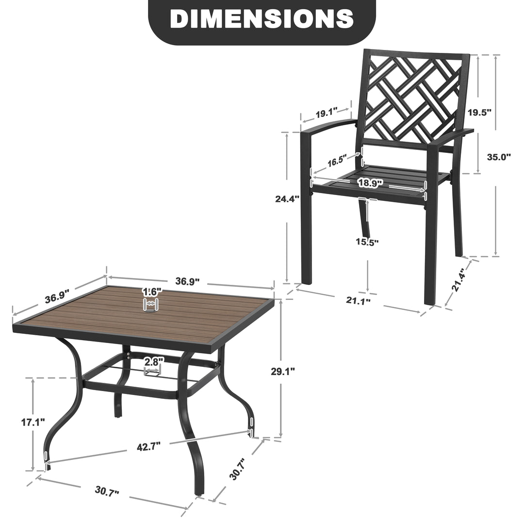 5PCS Patio Dining Set with Umbrella Hole, Faux Wood Top, Stackable Design