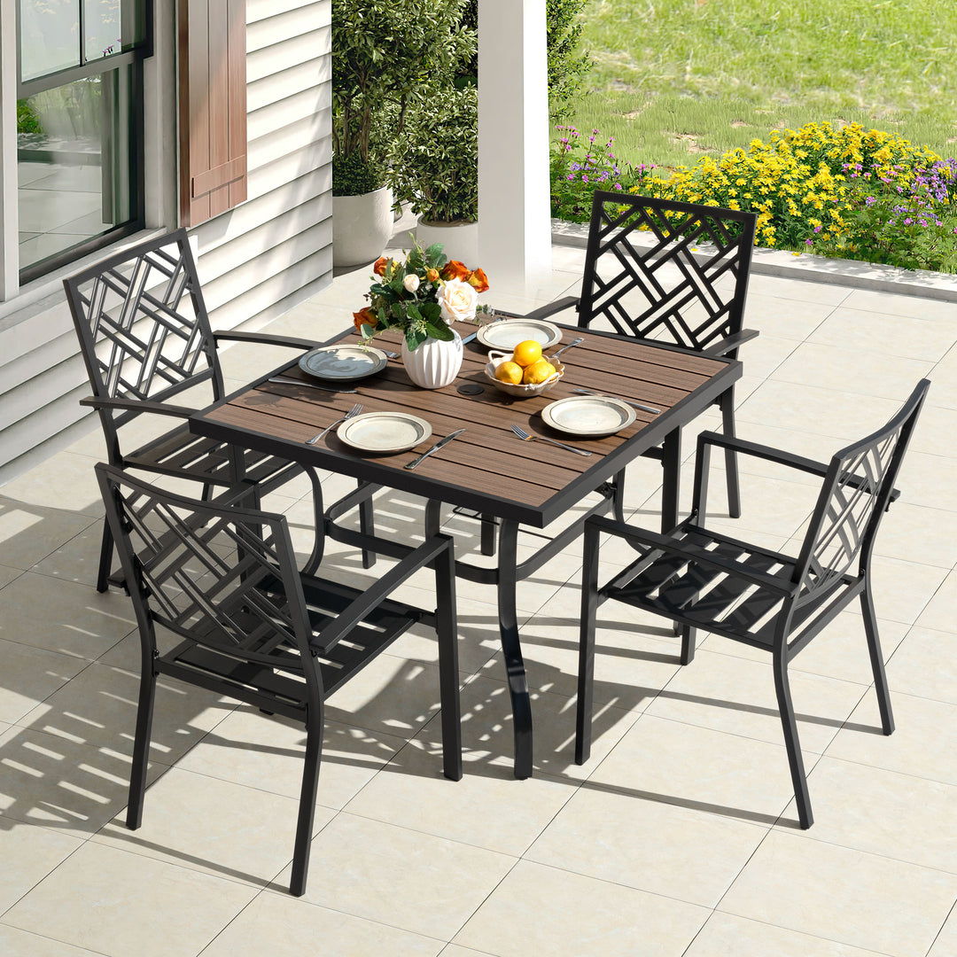 5PCS Patio Dining Set with Umbrella Hole, Faux Wood Top, Stackable Design