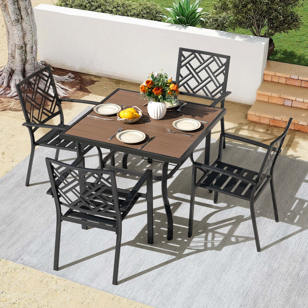 5PCS Patio Dining Set with Umbrella Hole, Faux Wood Top, Stackable Design