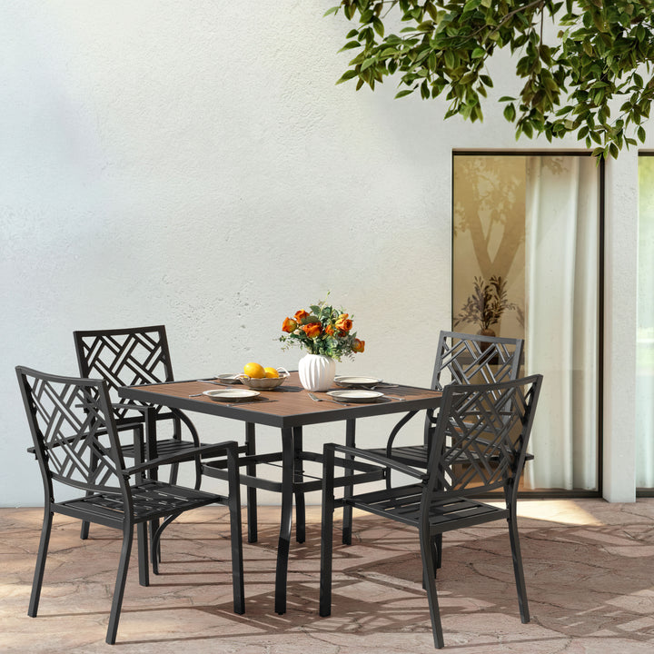 5PCS Patio Dining Set with Umbrella Hole, Faux Wood Top, Stackable Design