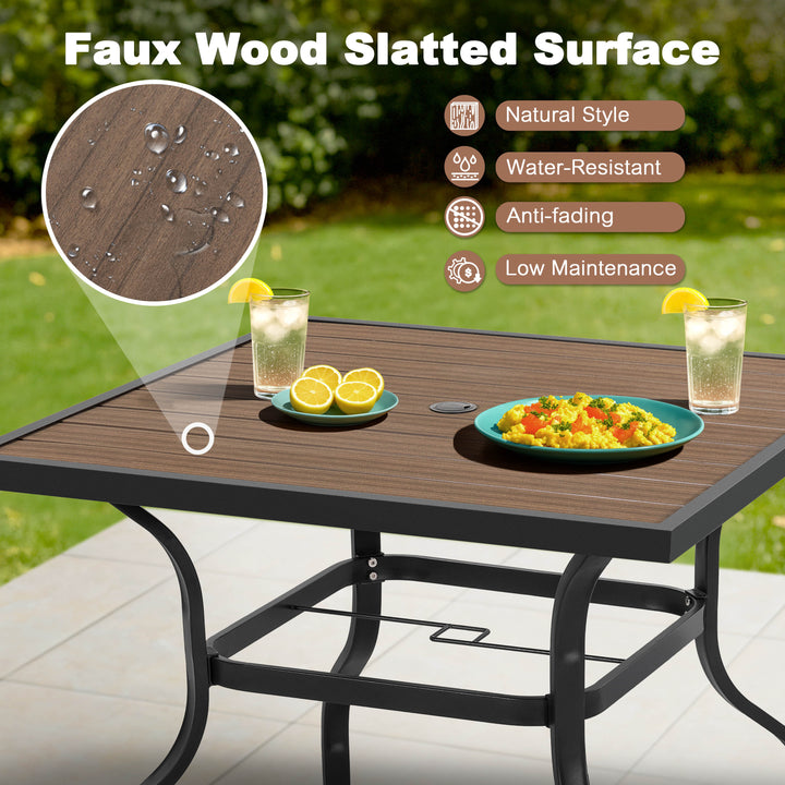 5PCS Patio Dining Set with Umbrella Hole, Faux Wood Top, Stackable Design