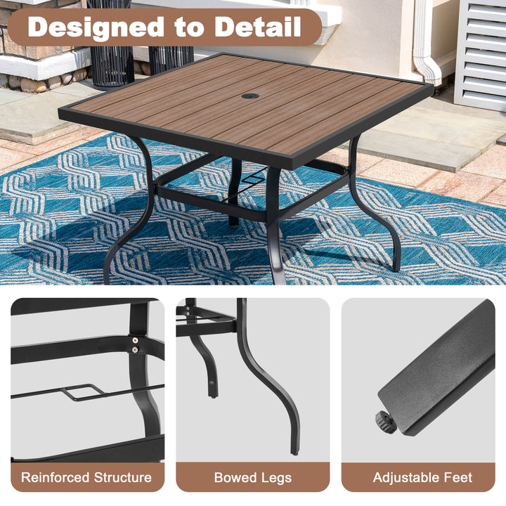 5PCS Patio Dining Set with Umbrella Hole, Faux Wood Top, Stackable Design
