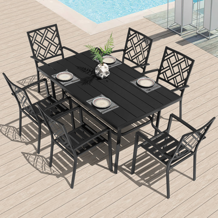 7-Piece Metal Patio Dining Set with Umbrella Hole and Stackable Chairs