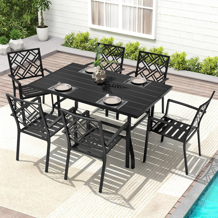 7-Piece Metal Patio Dining Set with Umbrella Hole and Stackable Chairs
