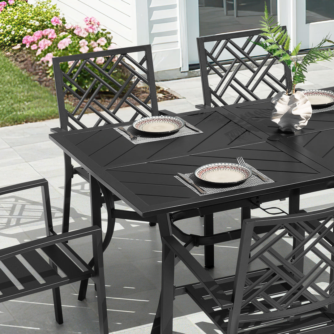 7PCS Metal Rectangle Patio Dining Set with Umbrella Hole, Stackable Design
