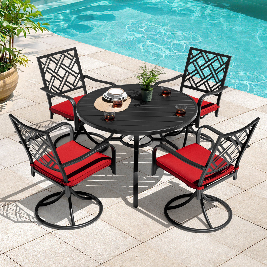 5-Piece Metal Patio Dining Set with Umbrella Hole and Swivel Chairs
