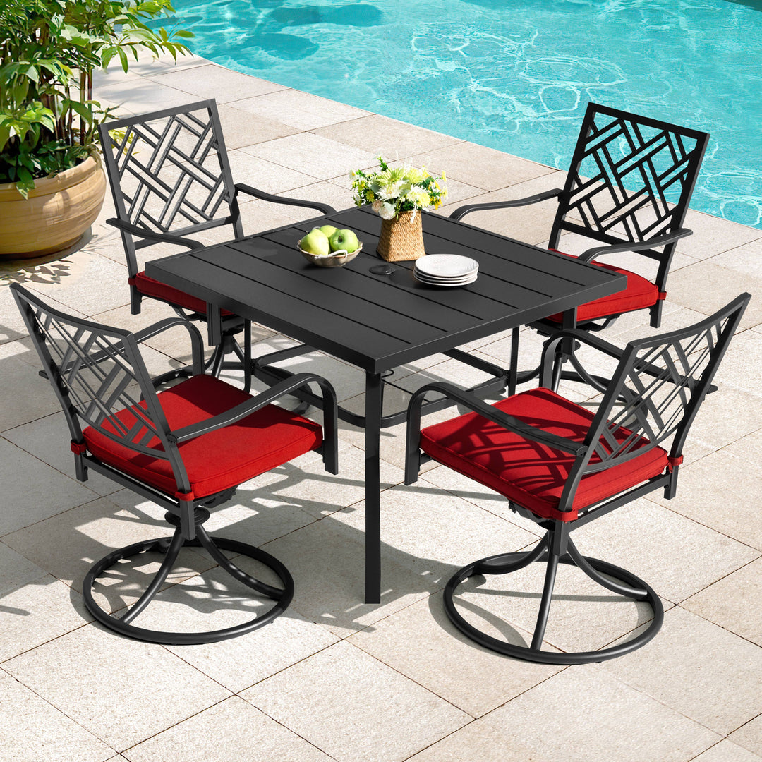 5PCS Metal Patio Dining Set with Umbrella Hole, Swivel Chairs with Cushions