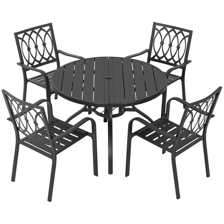 5-Piece Metal Patio Dining Set with Umbrella Hole and 4 Stackable Chairs