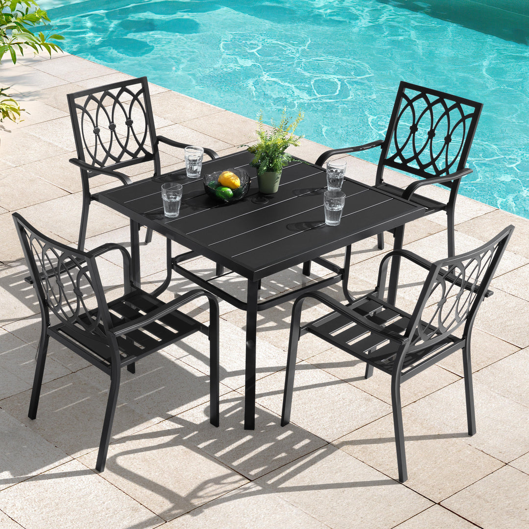 5-Piece Metal Outdoor Dining Set with Umbrella Hole, 4 Stackable Chairs