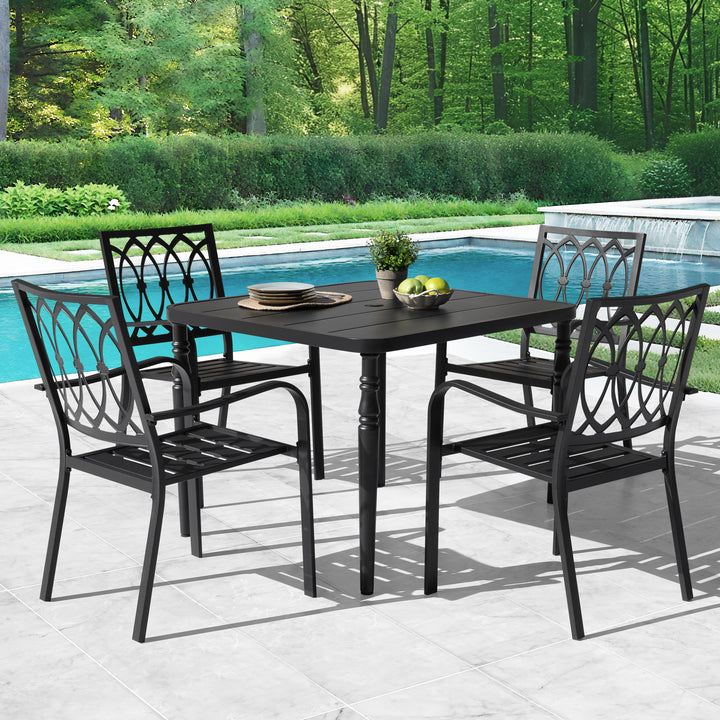 5-Piece Metal Patio Dining Set with Umbrella Hole and 4 Stackable Chairs