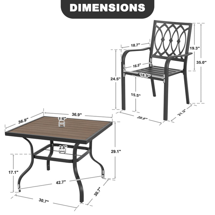 5-Piece Stackable Patio Dining Set with Umbrella Hole, Faux Wood Tabletop