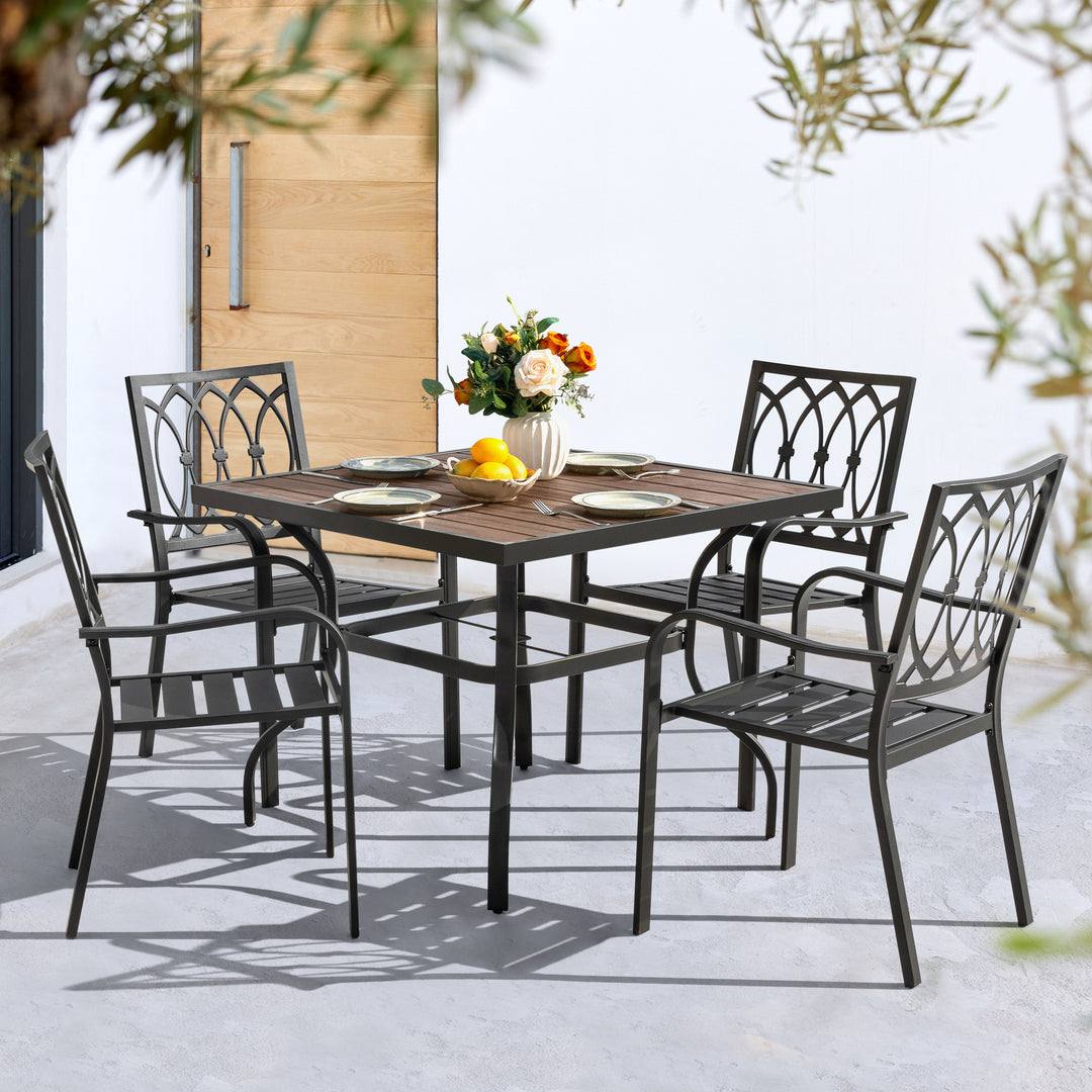 5-Piece Stackable Patio Dining Set with Umbrella Hole, Faux Wood Tabletop