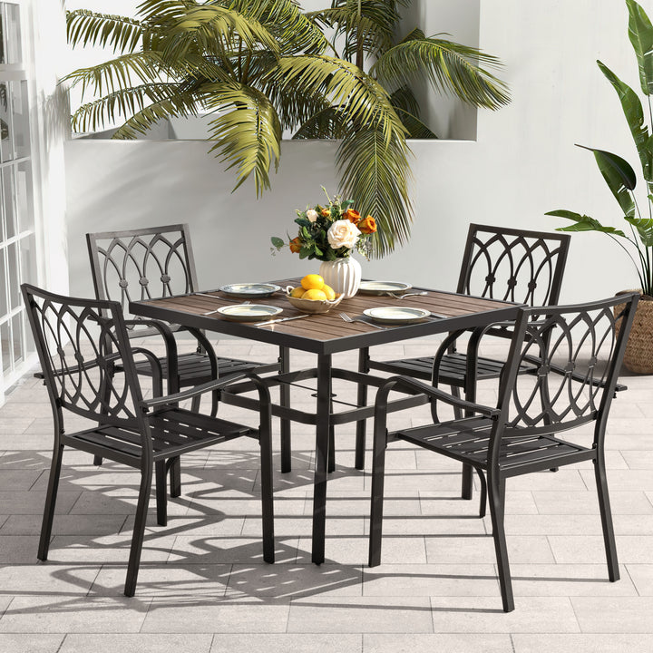 5-Piece Stackable Patio Dining Set with Umbrella Hole, Faux Wood Tabletop
