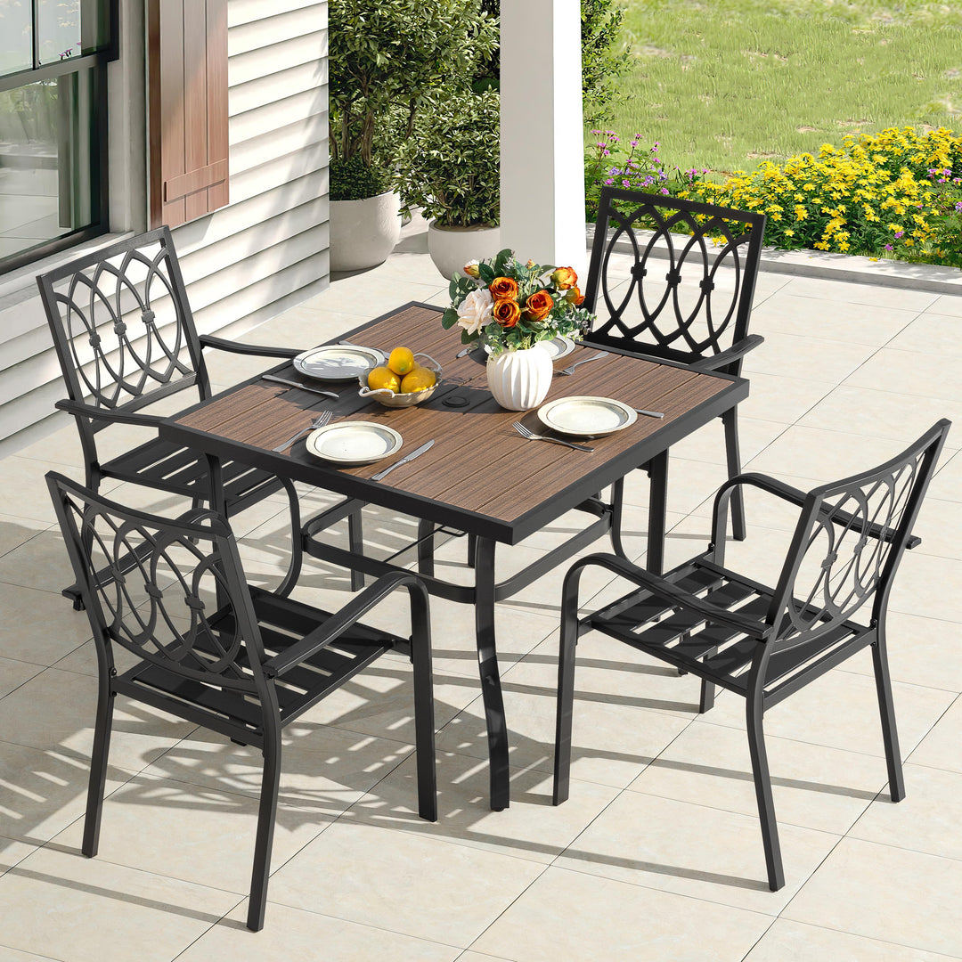 5-Piece Stackable Patio Dining Set with Umbrella Hole, Faux Wood Tabletop