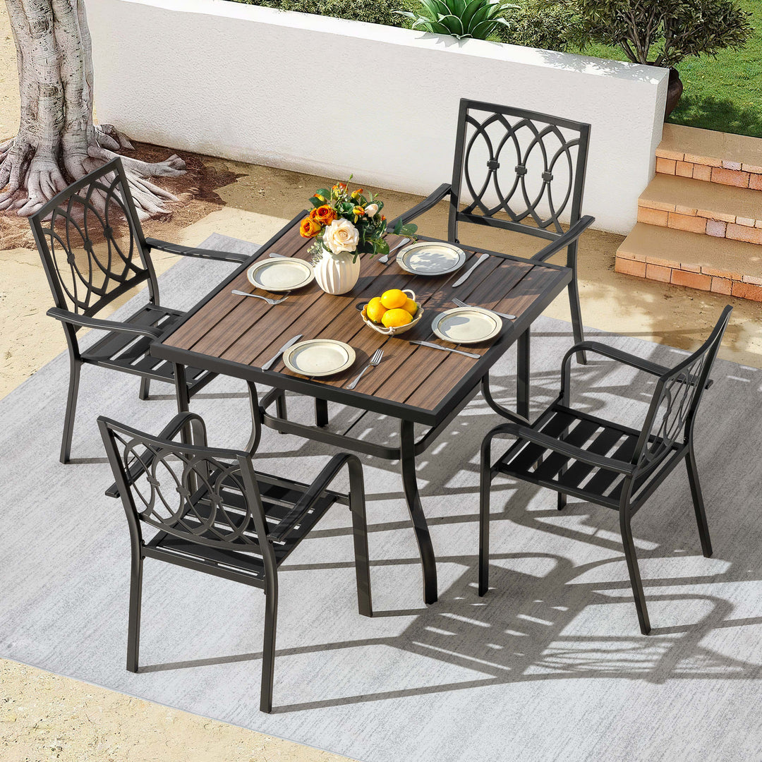 5-Piece Stackable Patio Dining Set with Umbrella Hole, Faux Wood Tabletop