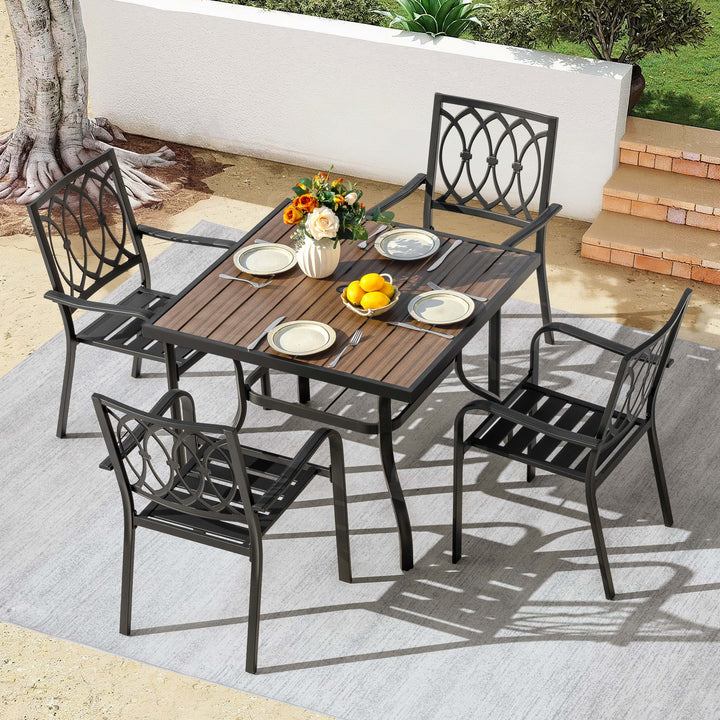 5-Piece Stackable Patio Dining Set with Umbrella Hole, Faux Wood Tabletop