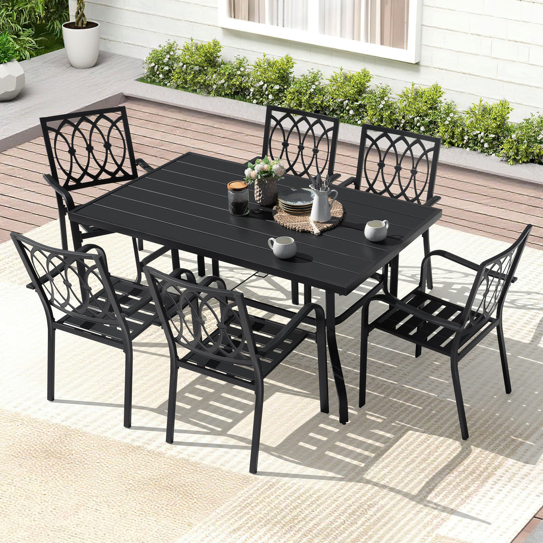 7-Piece Metal Outdoor Dining Set with Umbrella Hole and 6 Stackable Chairs