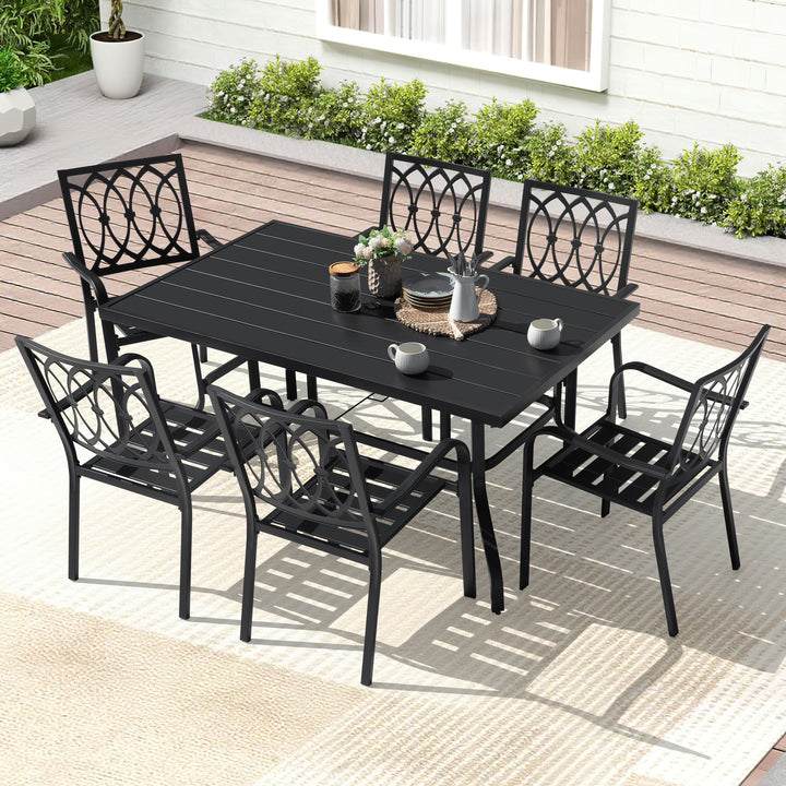 7-Piece Metal Outdoor Dining Set with Umbrella Hole and 6 Stackable Chairs